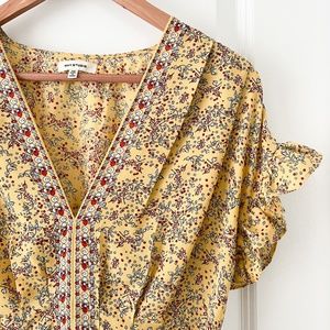 Yellow Floral Max Studio Tie Front Short Sleeve Blouse